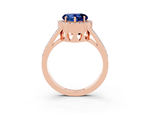 Rose gold Heart Cut Blue Sapphire Halo Ring with Split Shank U-Prong Band and Four-Prong Setting