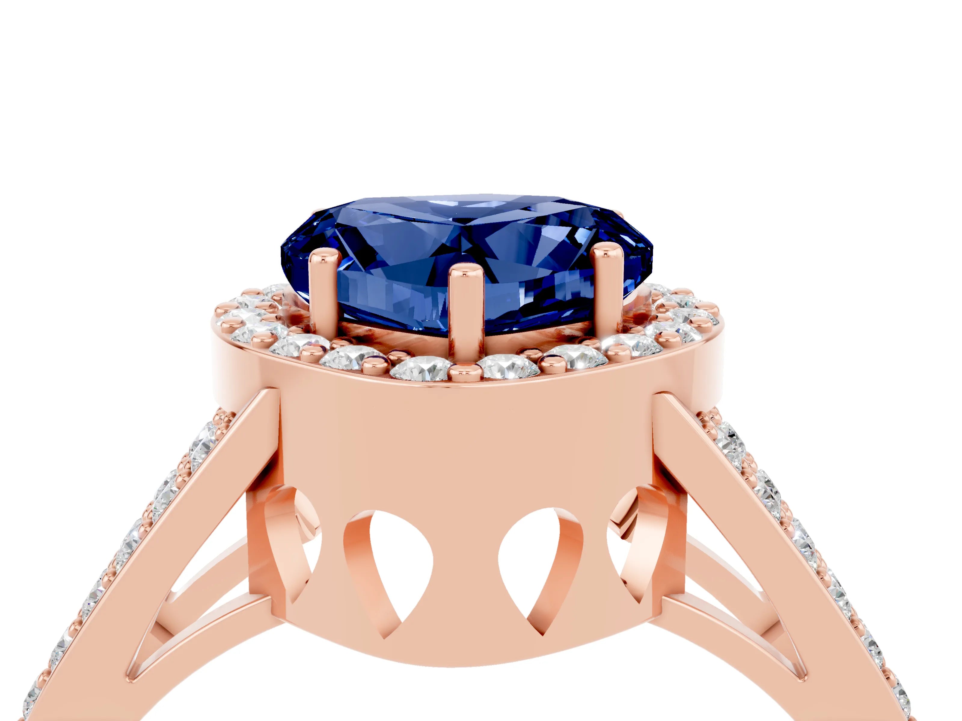 Rose gold Heart Cut Blue Sapphire Halo Ring with Split Shank U-Prong Band and Four-Prong Setting_4