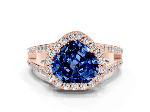 Rose gold Heart Cut Blue Sapphire Halo Ring with Split Shank U-Prong Band and Four-Prong Setting