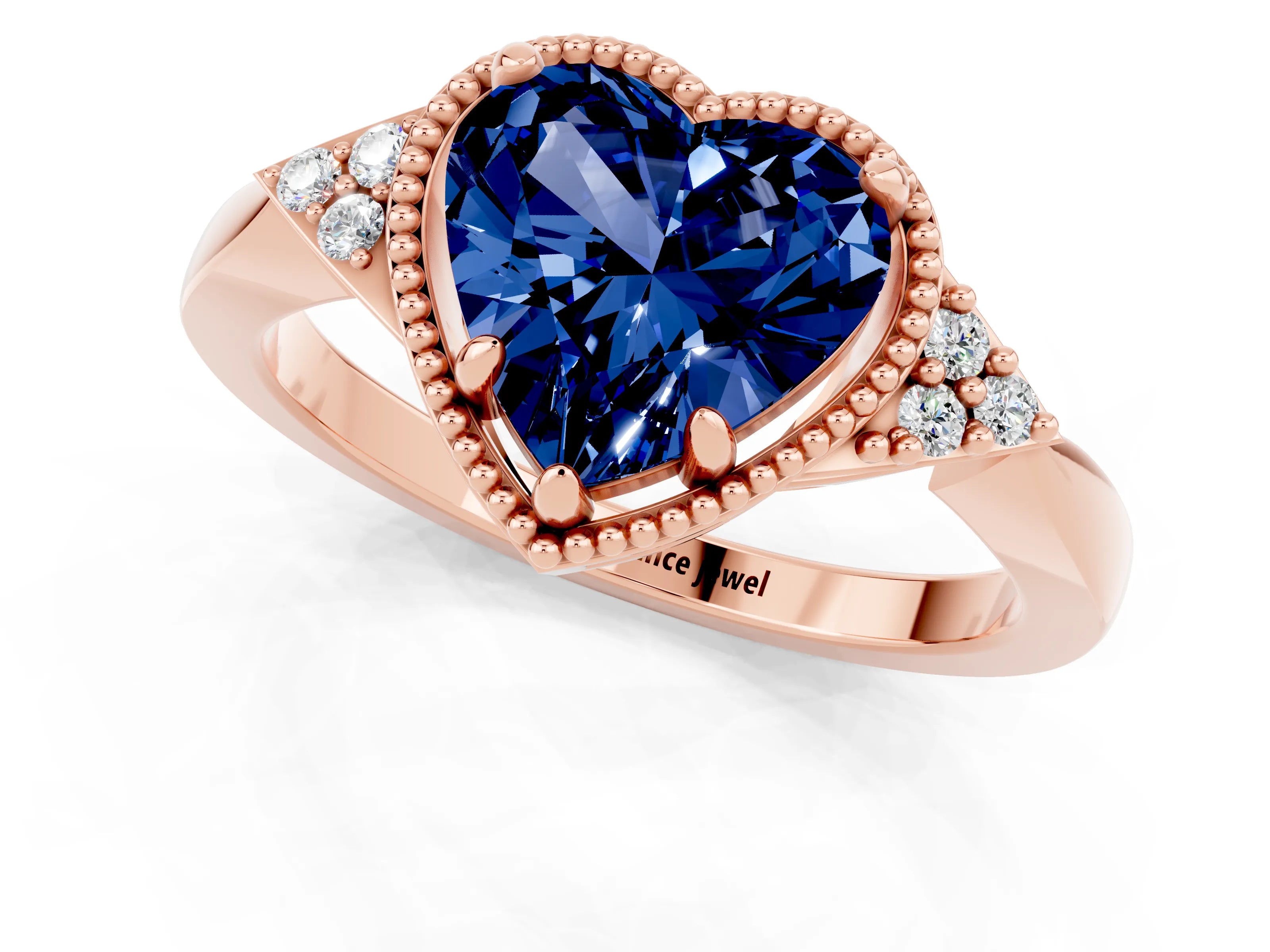 Rose gold Heart Cut Blue Sapphire Halo Ring with Tapered Band and Four-Prong Setting_1
