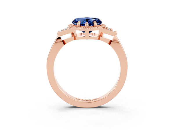 Rose gold Heart Cut Blue Sapphire Halo Ring with Tapered Band and Four-Prong Setting