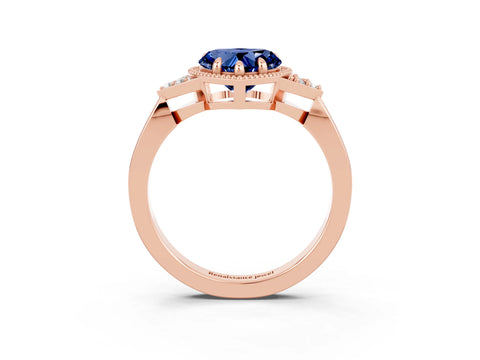 Rose gold Heart Cut Blue Sapphire Halo Ring with Tapered Band and Four-Prong Setting_3