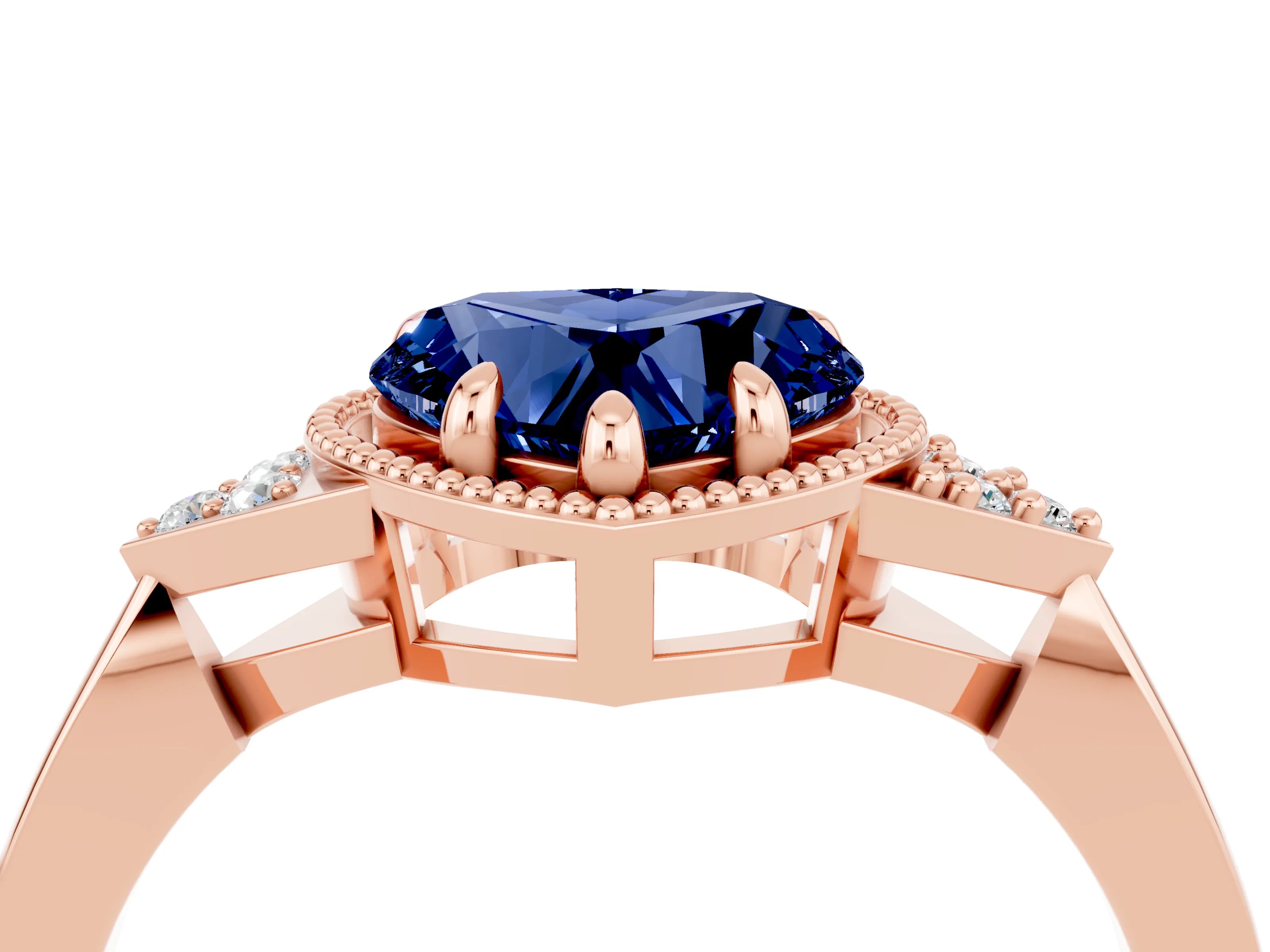 Rose gold Heart Cut Blue Sapphire Halo Ring with Tapered Band and Four-Prong Setting_4