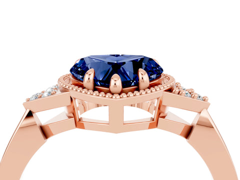 Rose gold Heart Cut Blue Sapphire Halo Ring with Tapered Band and Four-Prong Setting_4
