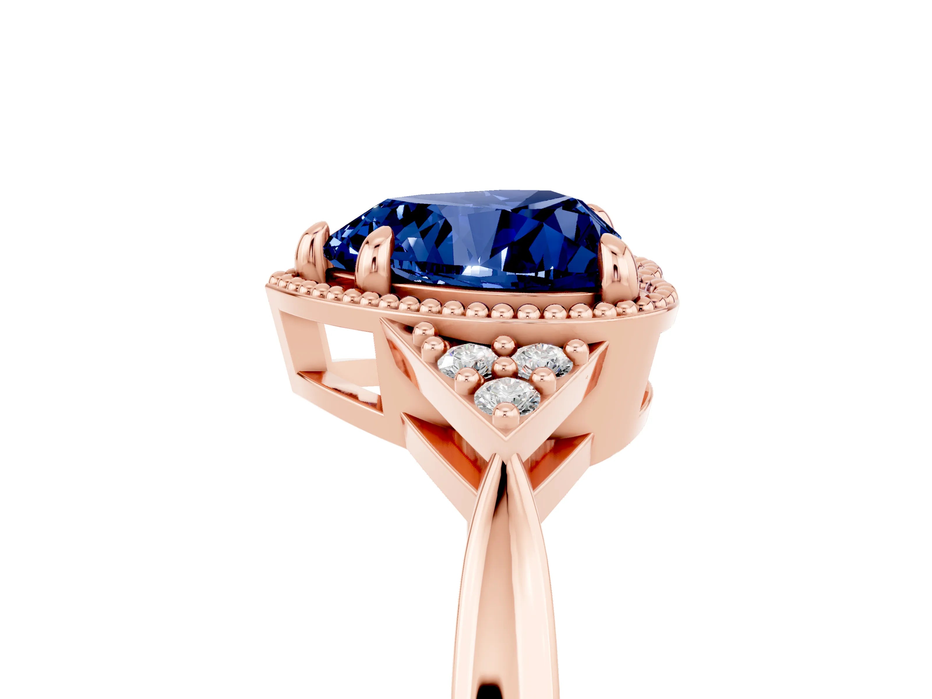 Rose gold Heart Cut Blue Sapphire Halo Ring with Tapered Band and Four-Prong Setting_5