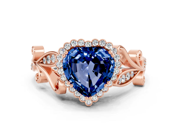 Rose gold Heart Cut Blue Sapphire Halo Ring with Vintage Split Shank and Four-Prong Setting