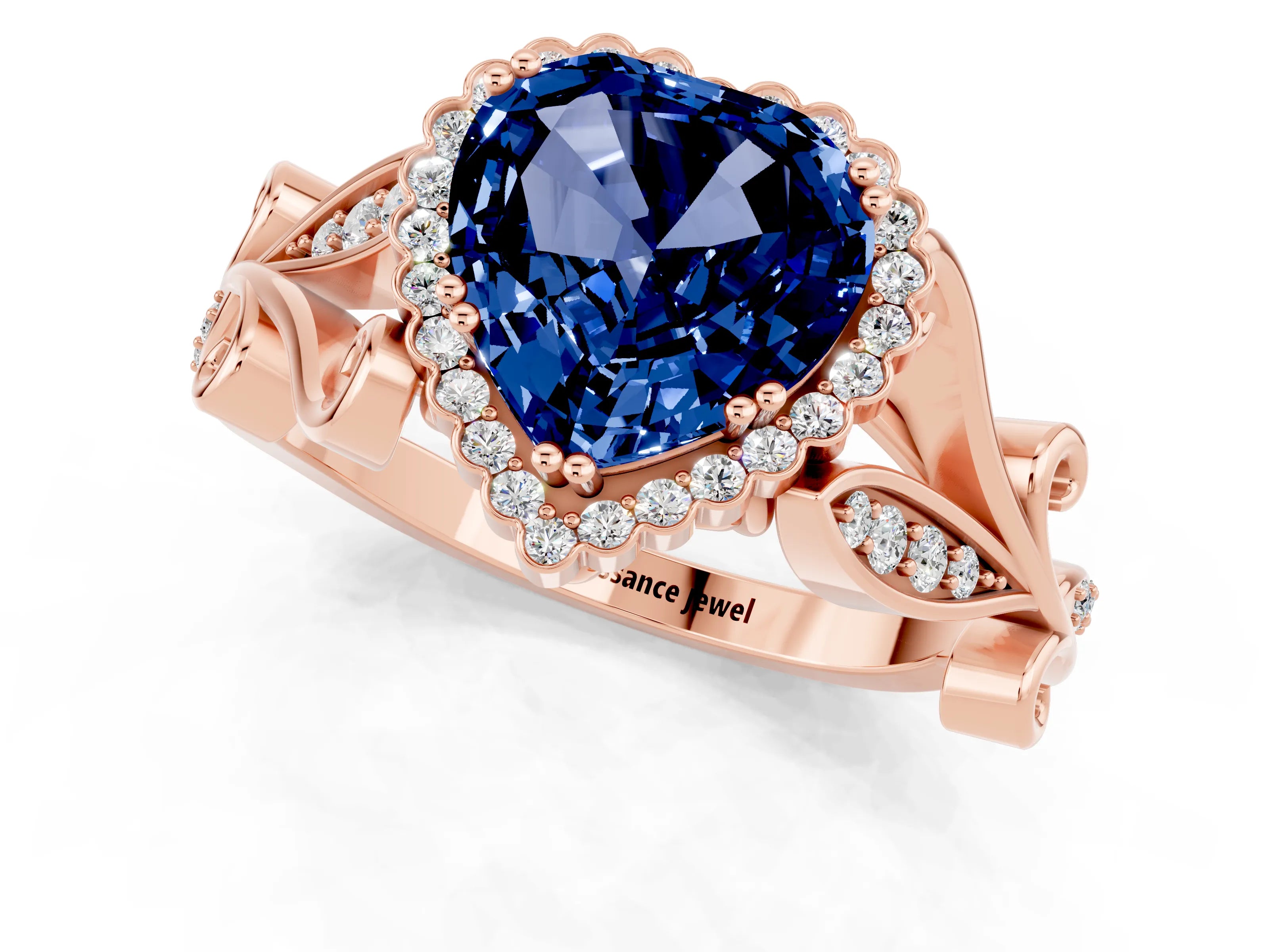 Rose gold Heart Cut Blue Sapphire Halo Ring with Vintage Split Shank and Four-Prong Setting_1