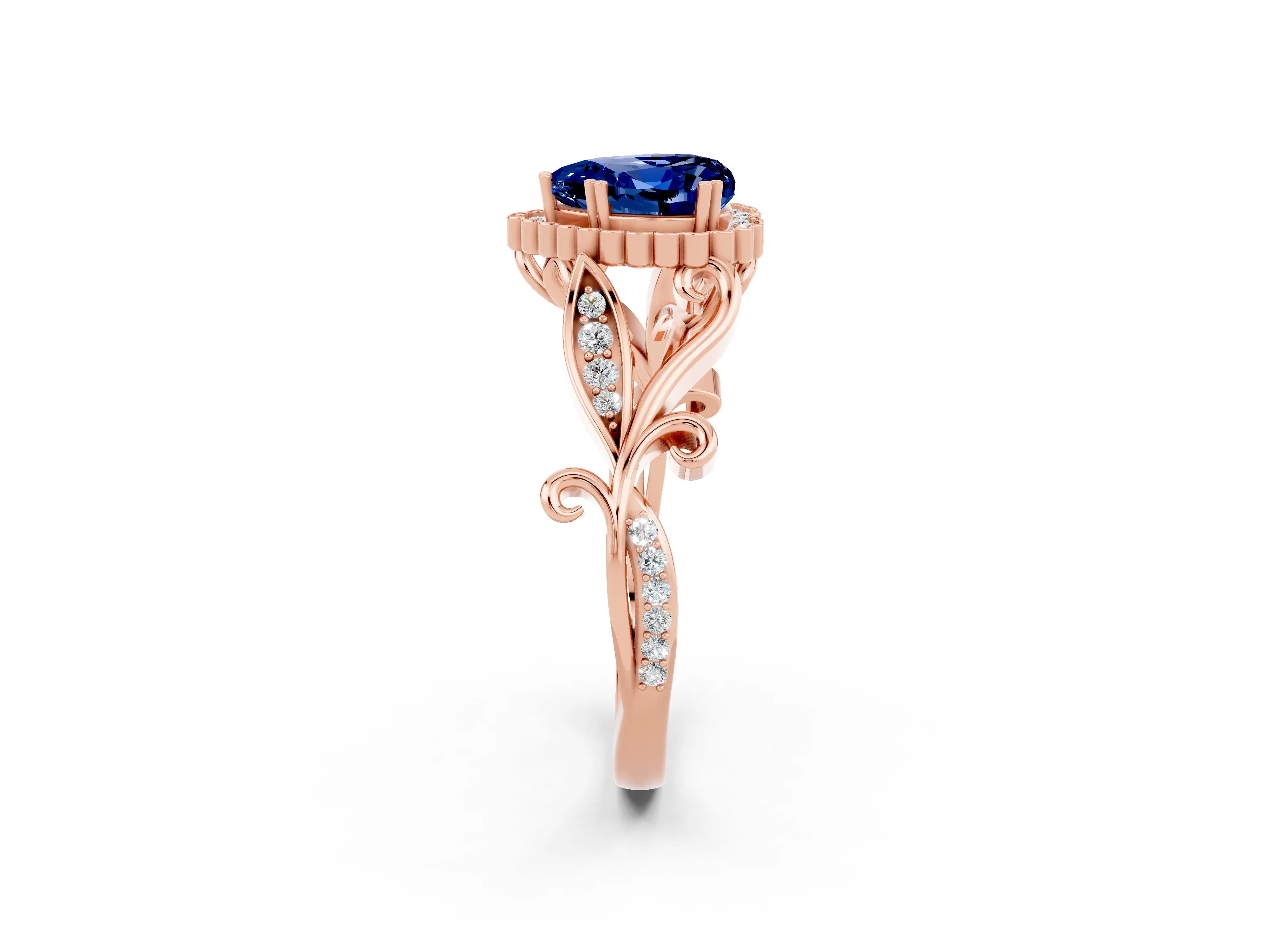 Rose gold Heart Cut Blue Sapphire Halo Ring with Vintage Split Shank and Four-Prong Setting_2