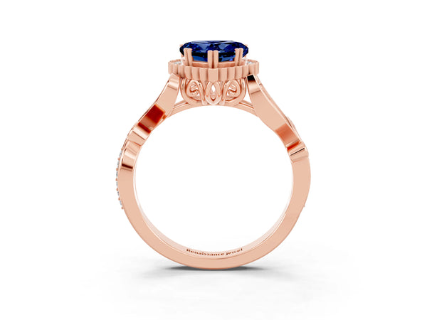 Rose gold Heart Cut Blue Sapphire Halo Ring with Vintage Split Shank and Four-Prong Setting