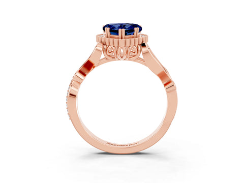 Rose gold Heart Cut Blue Sapphire Halo Ring with Vintage Split Shank and Four-Prong Setting_3