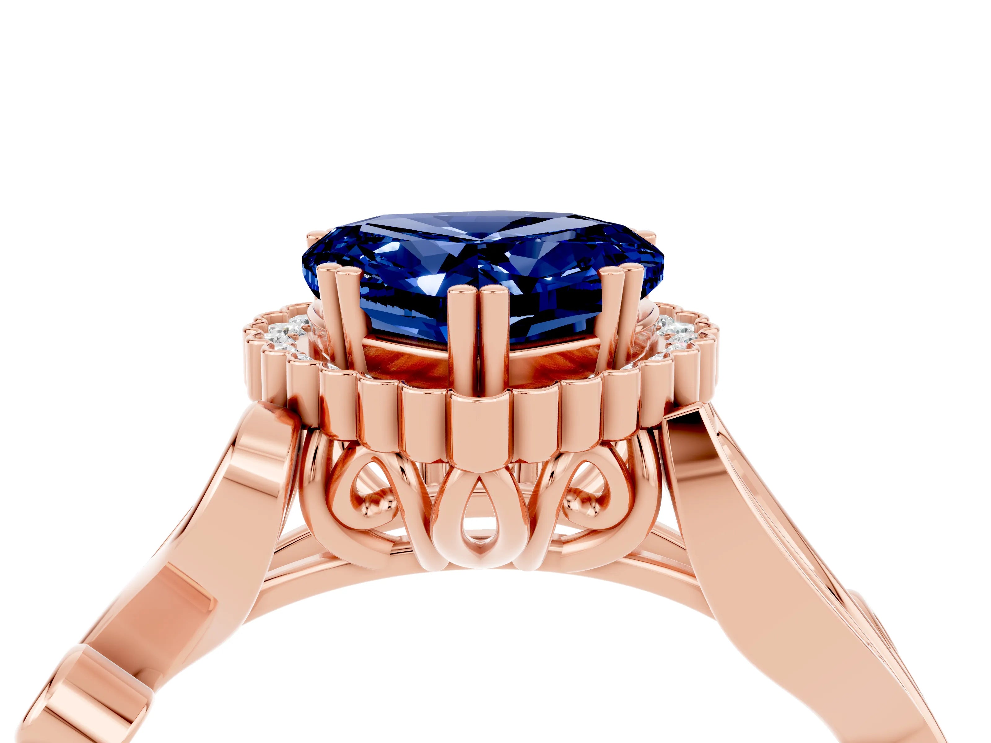 Rose gold Heart Cut Blue Sapphire Halo Ring with Vintage Split Shank and Four-Prong Setting_4