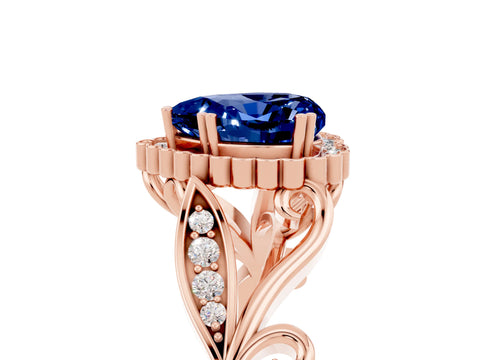 Rose gold Heart Cut Blue Sapphire Halo Ring with Vintage Split Shank and Four-Prong Setting_5