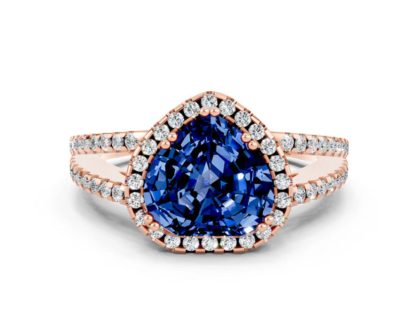 Rose gold Heart Cut Blue Sapphire Halo Split Shank Engagement Ring