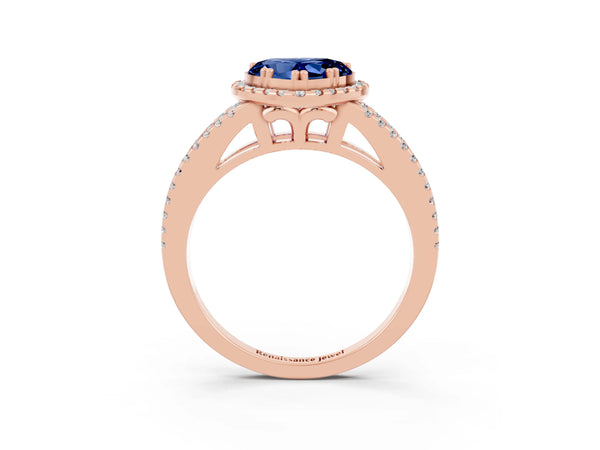 Rose gold Heart Cut Blue Sapphire Halo Split Shank Engagement Ring