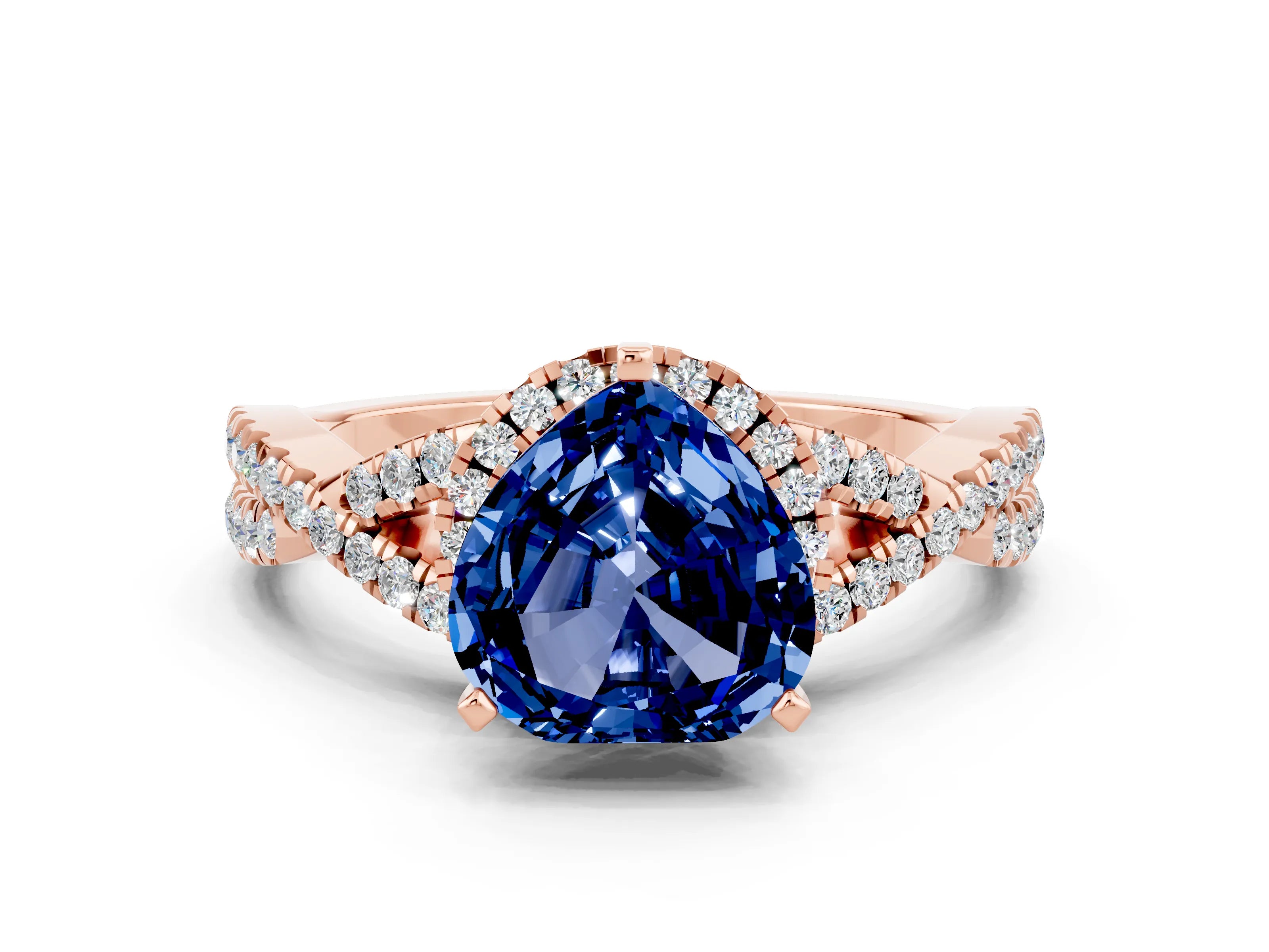 Rose gold Heart Cut Blue Sapphire Halo Twist Band Solitaire Prong Setting Ring