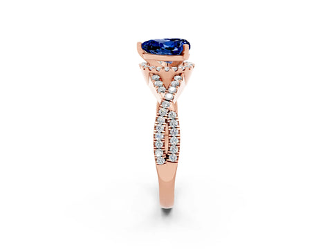 Rose gold Heart Cut Blue Sapphire Halo Twist Band Solitaire Prong Setting Ring_2