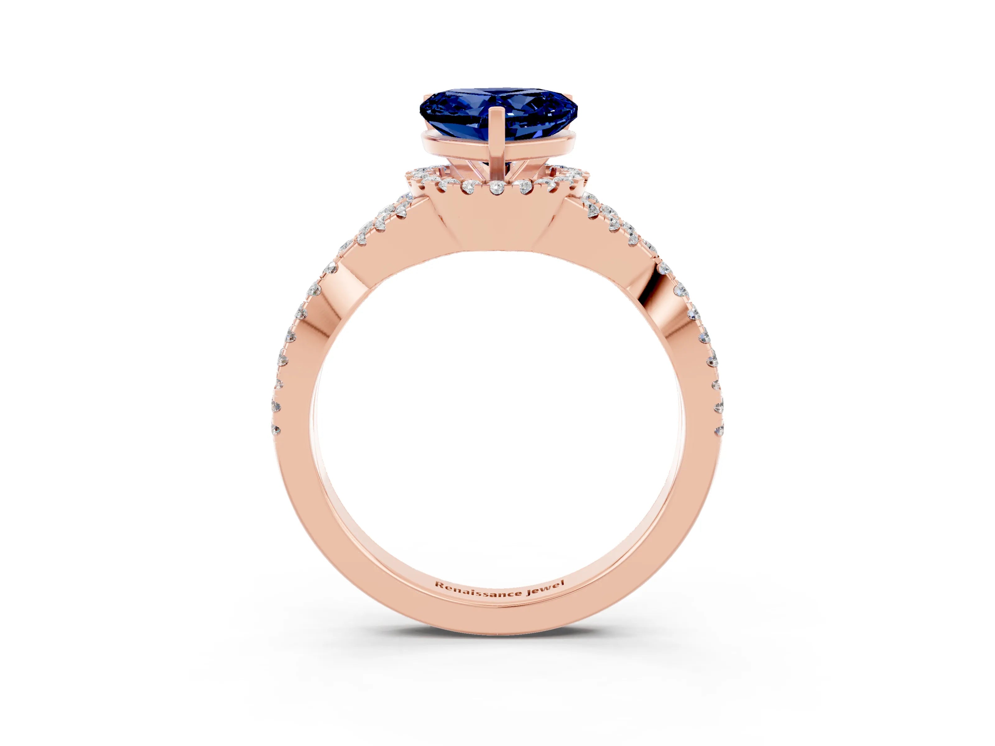 Rose gold Heart Cut Blue Sapphire Halo Twist Band Solitaire Prong Setting Ring_3