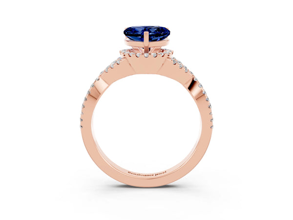 Rose gold Heart Cut Blue Sapphire  Halo Twist Band Solitaire Prong Setting Ring