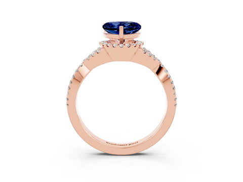 Rose gold Heart Cut Blue Sapphire Halo Twist Band Solitaire Prong Setting Ring_3