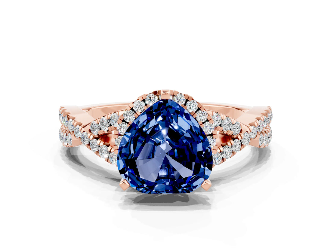 Rose gold Heart Cut Blue Sapphire  Halo Twist Band Solitaire Prong Setting Ring_42