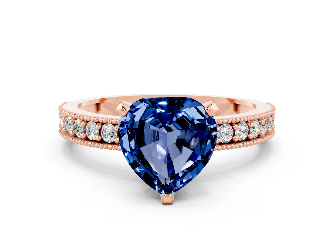 Rose gold Heart Cut Blue Sapphire Milgrain Pavé Engagement Ring with Four-Prong Setting_12
