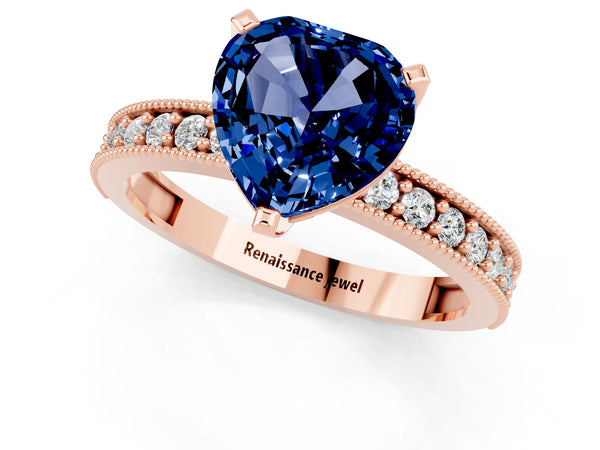 Rose gold Heart Cut Blue Sapphire Milgrain Pavé Engagement Ring with Four-Prong Setting