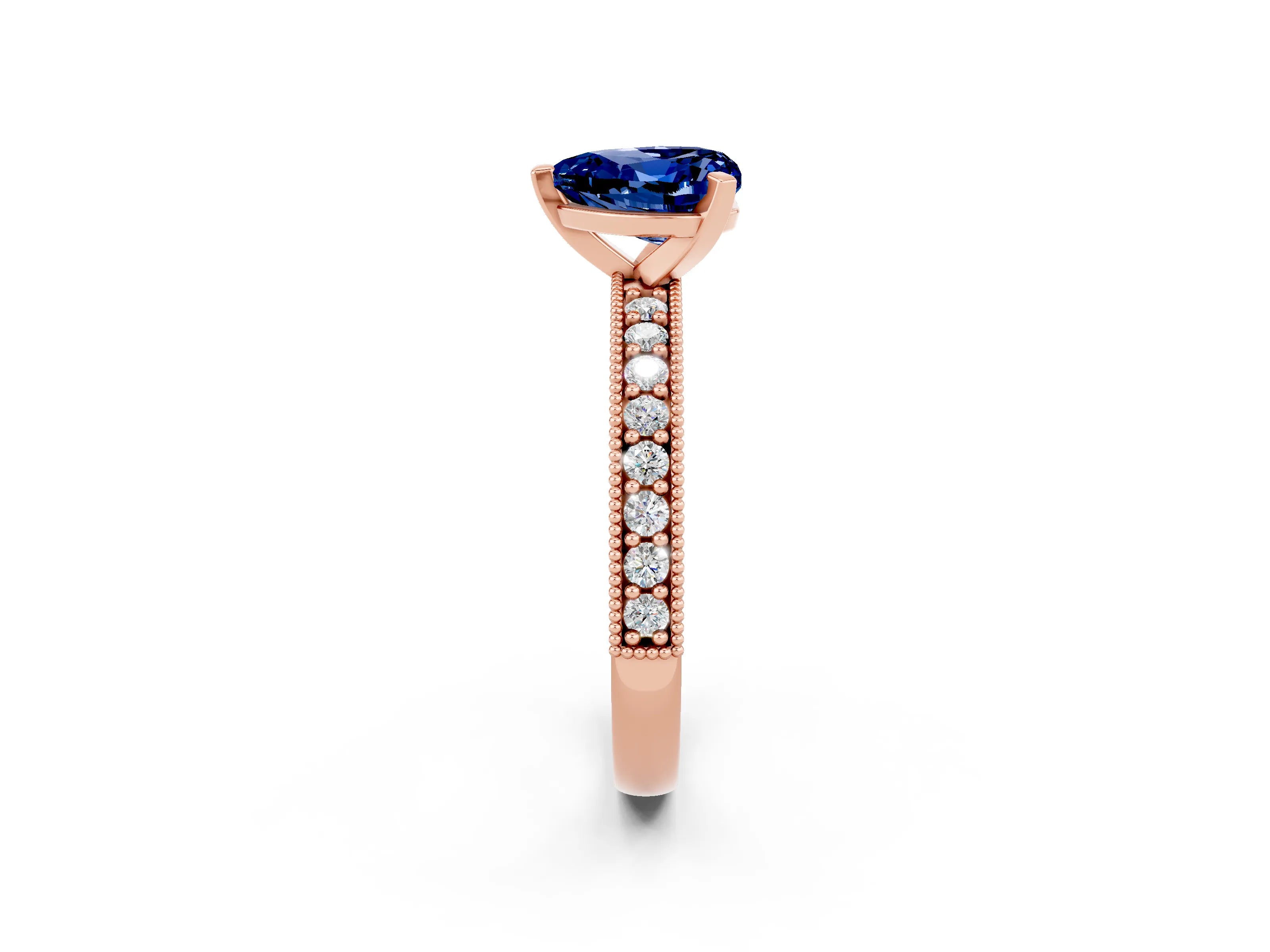 Rose gold Heart Cut Blue Sapphire Milgrain Pavé Engagement Ring with Four-Prong Setting_14