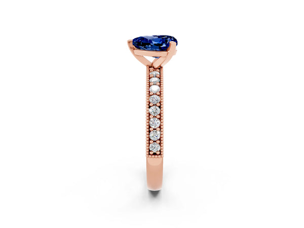 Rose gold Heart Cut Blue Sapphire Milgrain Pavé Engagement Ring with Four-Prong Setting