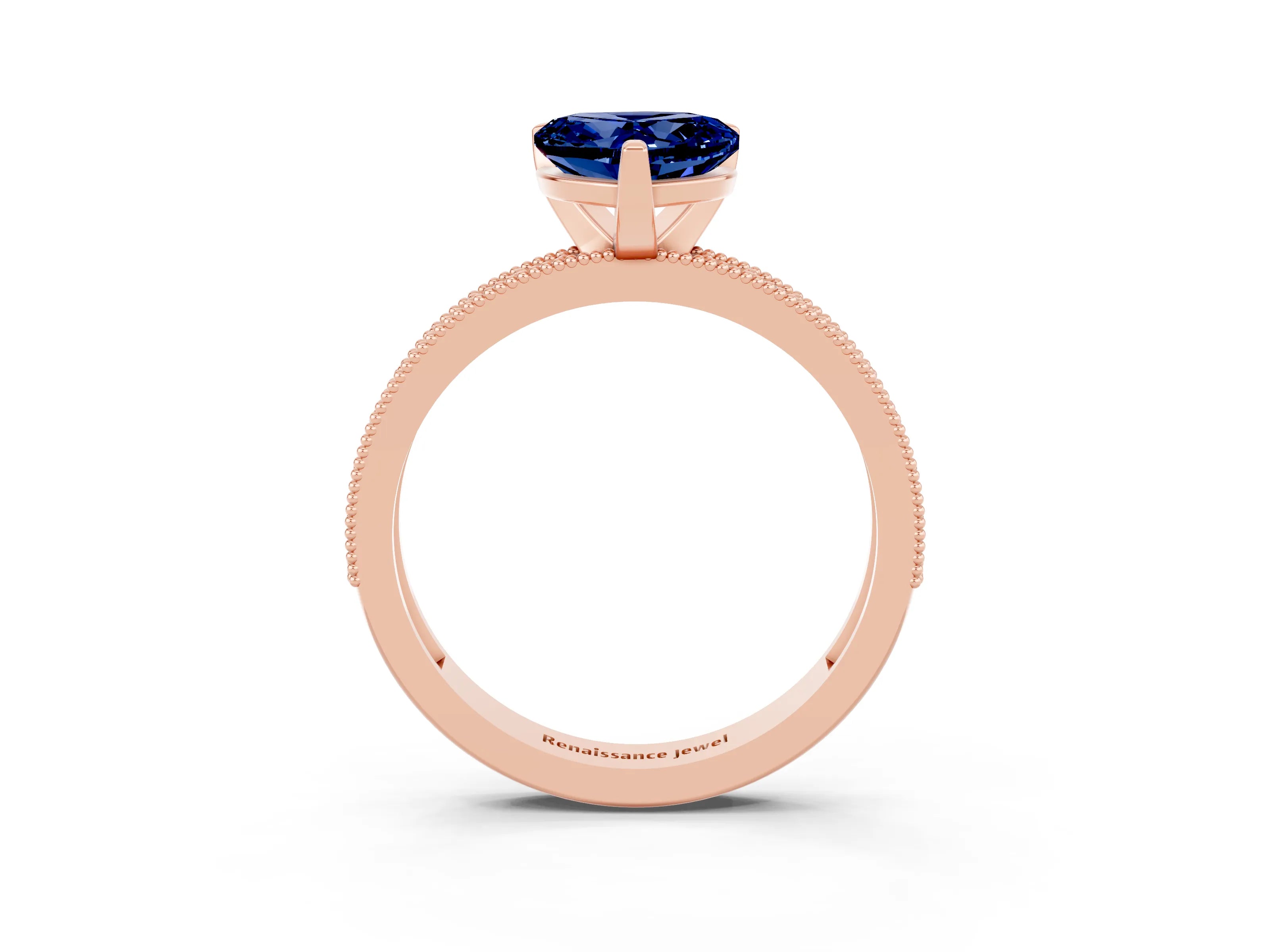 Rose gold Heart Cut Blue Sapphire Milgrain Pavé Engagement Ring with Four-Prong Setting_15