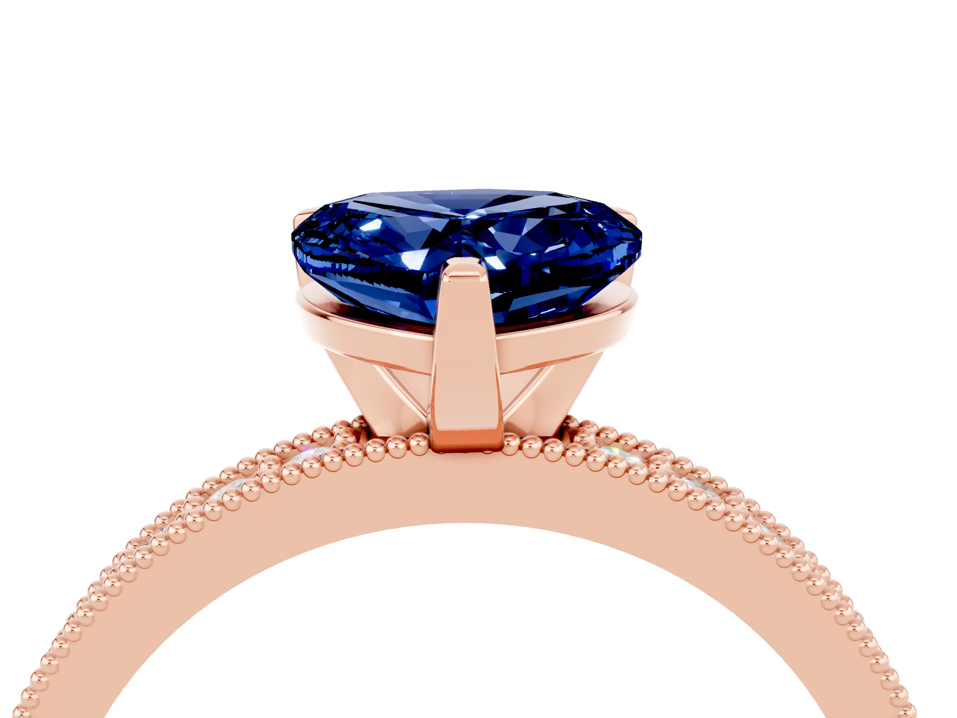 Rose gold Heart Cut Blue Sapphire Milgrain Pavé Engagement Ring with Four-Prong Setting_16