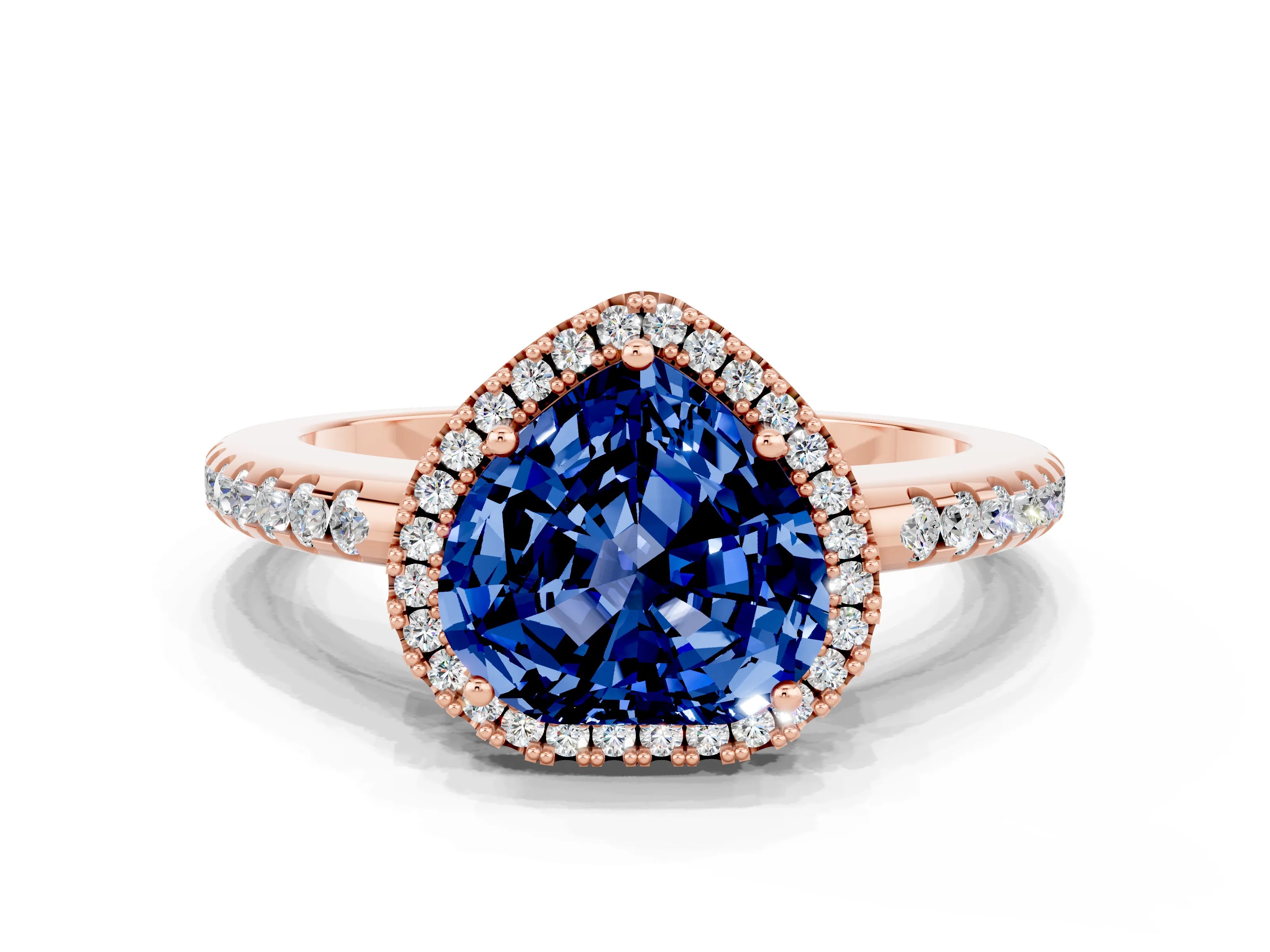 Rose gold Heart Cut Blue Sapphire Pavé Halo Ring with Four-Prong Setting_12