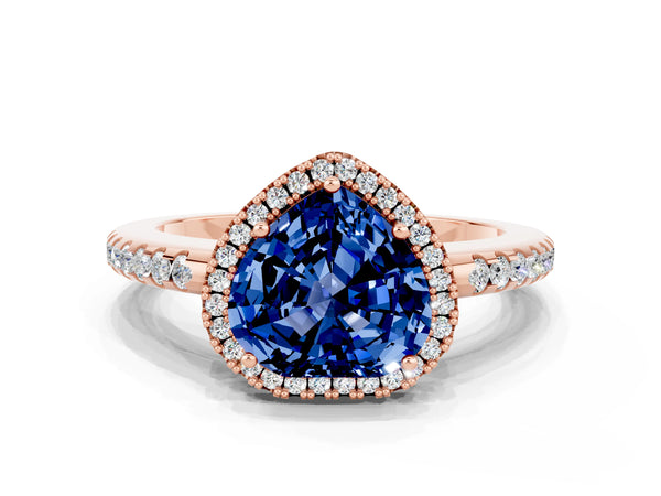 Rose gold Heart Cut Blue Sapphire Pavé Halo Ring with Four-Prong Setting