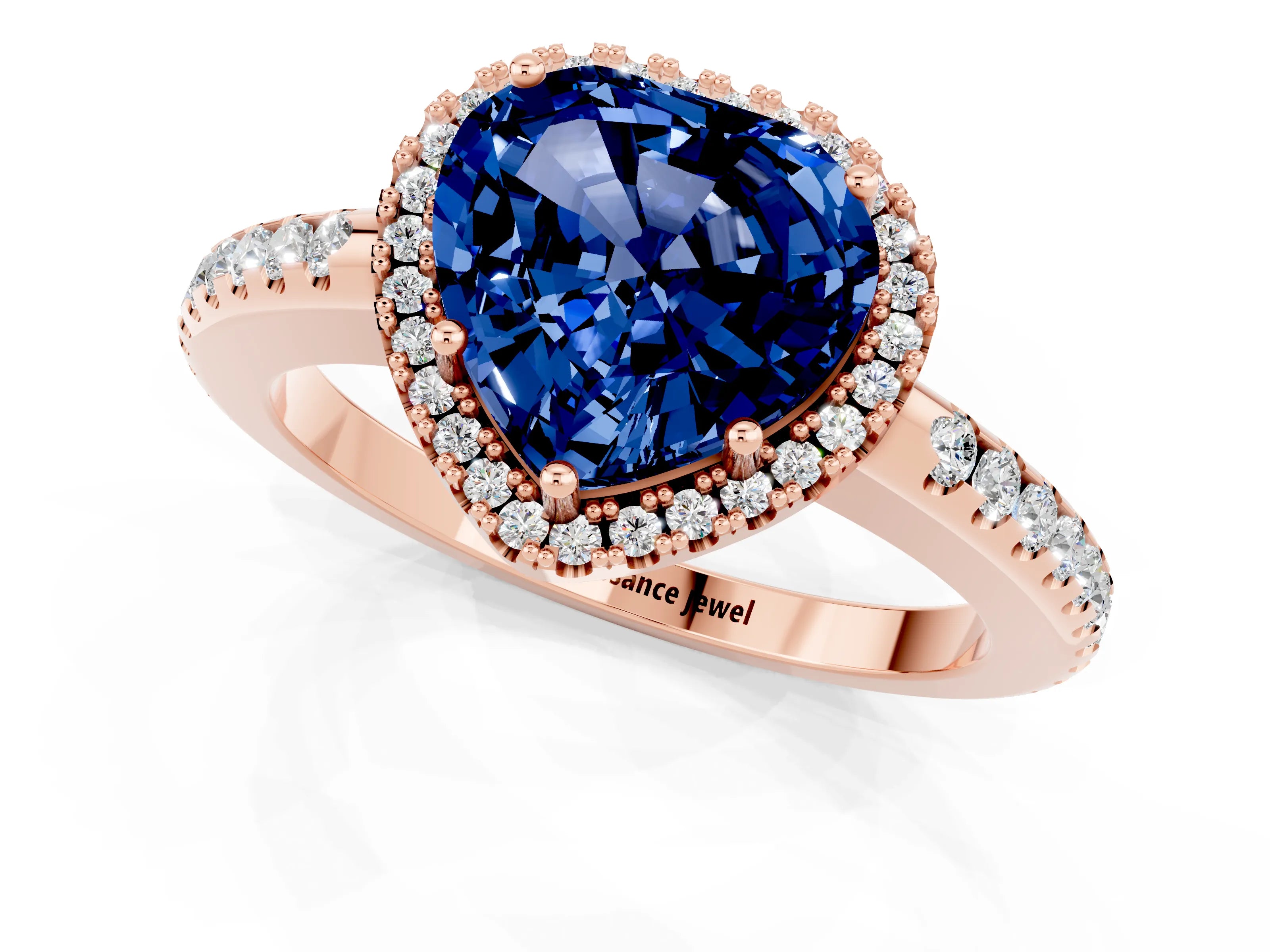 Rose gold Heart Cut Blue Sapphire Pavé Halo Ring with Four-Prong Setting_13