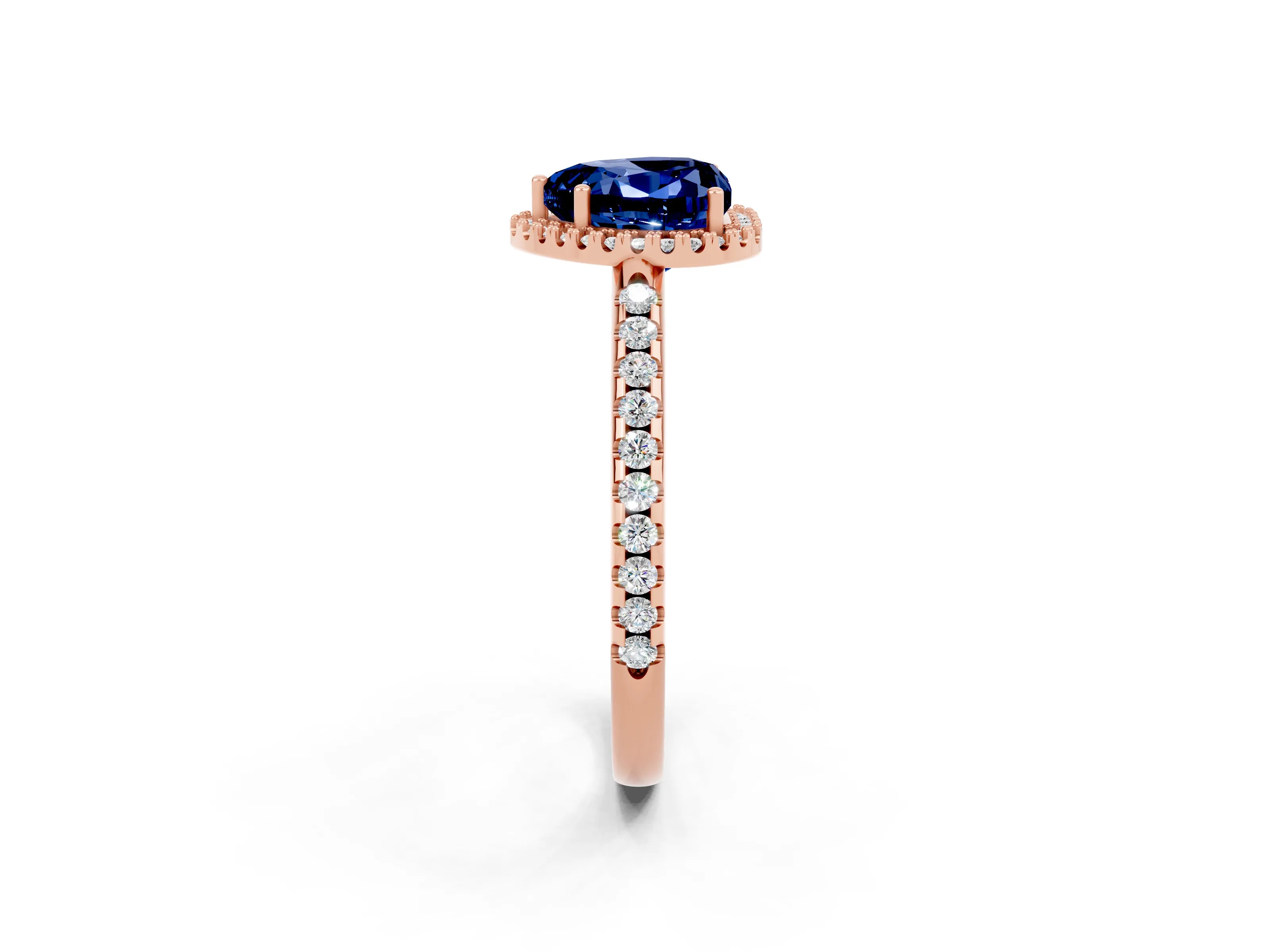 Rose gold Heart Cut Blue Sapphire Pavé Halo Ring with Four-Prong Setting_14
