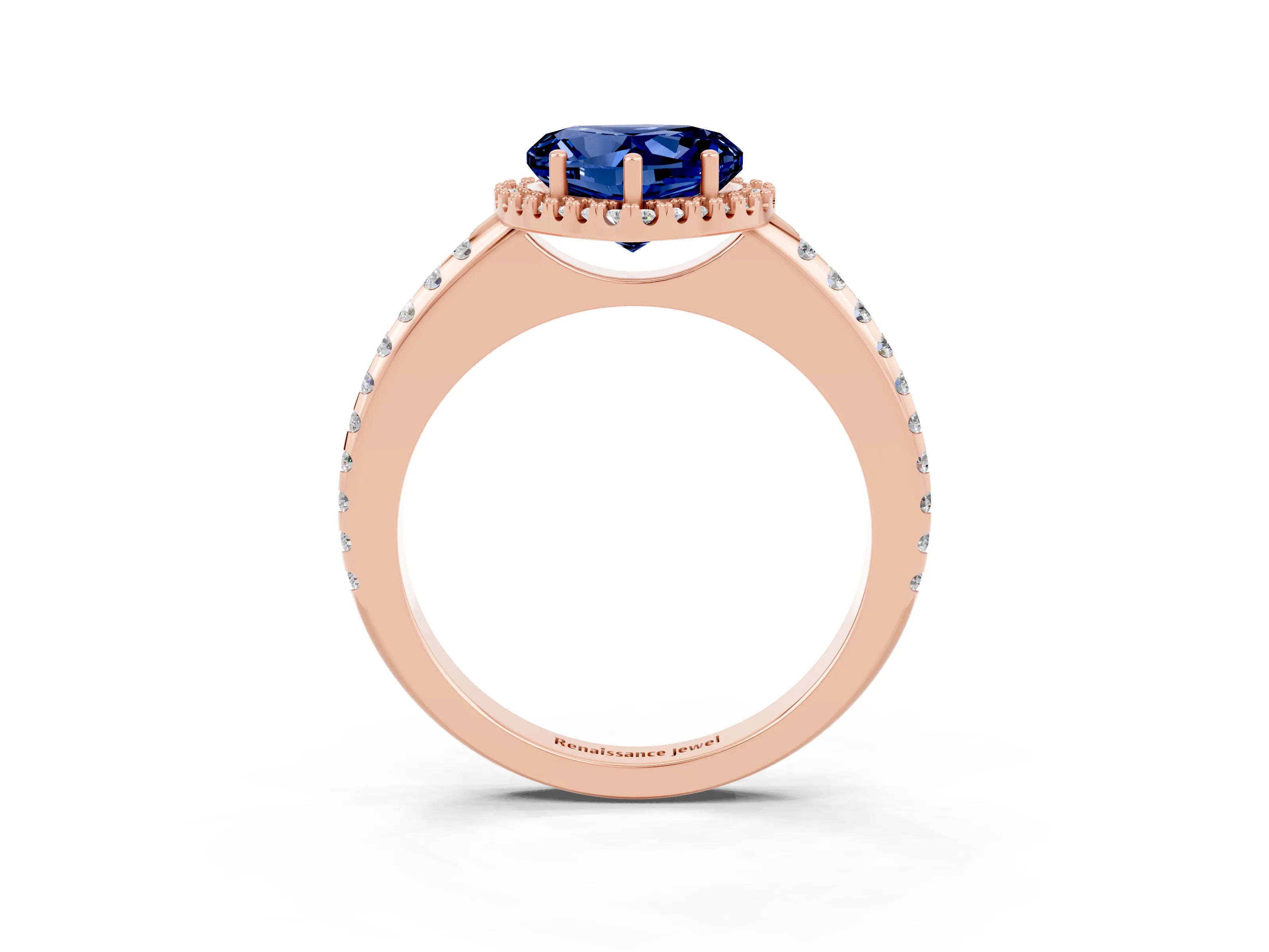 Rose gold Heart Cut Blue Sapphire Pavé Halo Ring with Four-Prong Setting_15