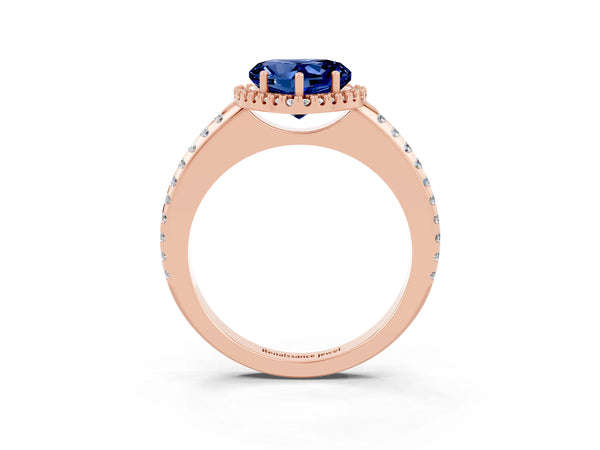 Rose gold Heart Cut Blue Sapphire Pavé Halo Ring with Four-Prong Setting