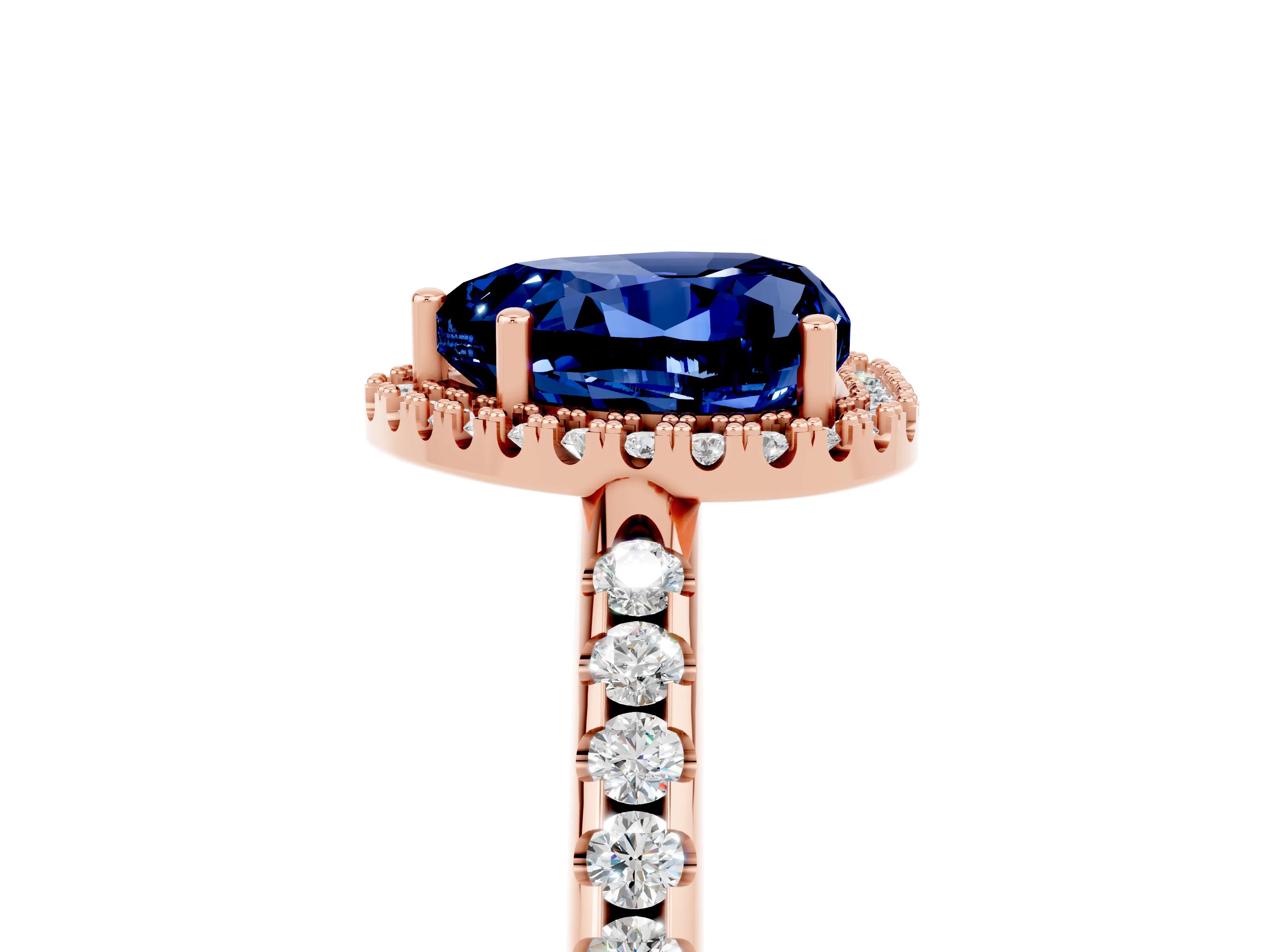 Rose gold Heart Cut Blue Sapphire Pavé Halo Ring with Four-Prong Setting_17
