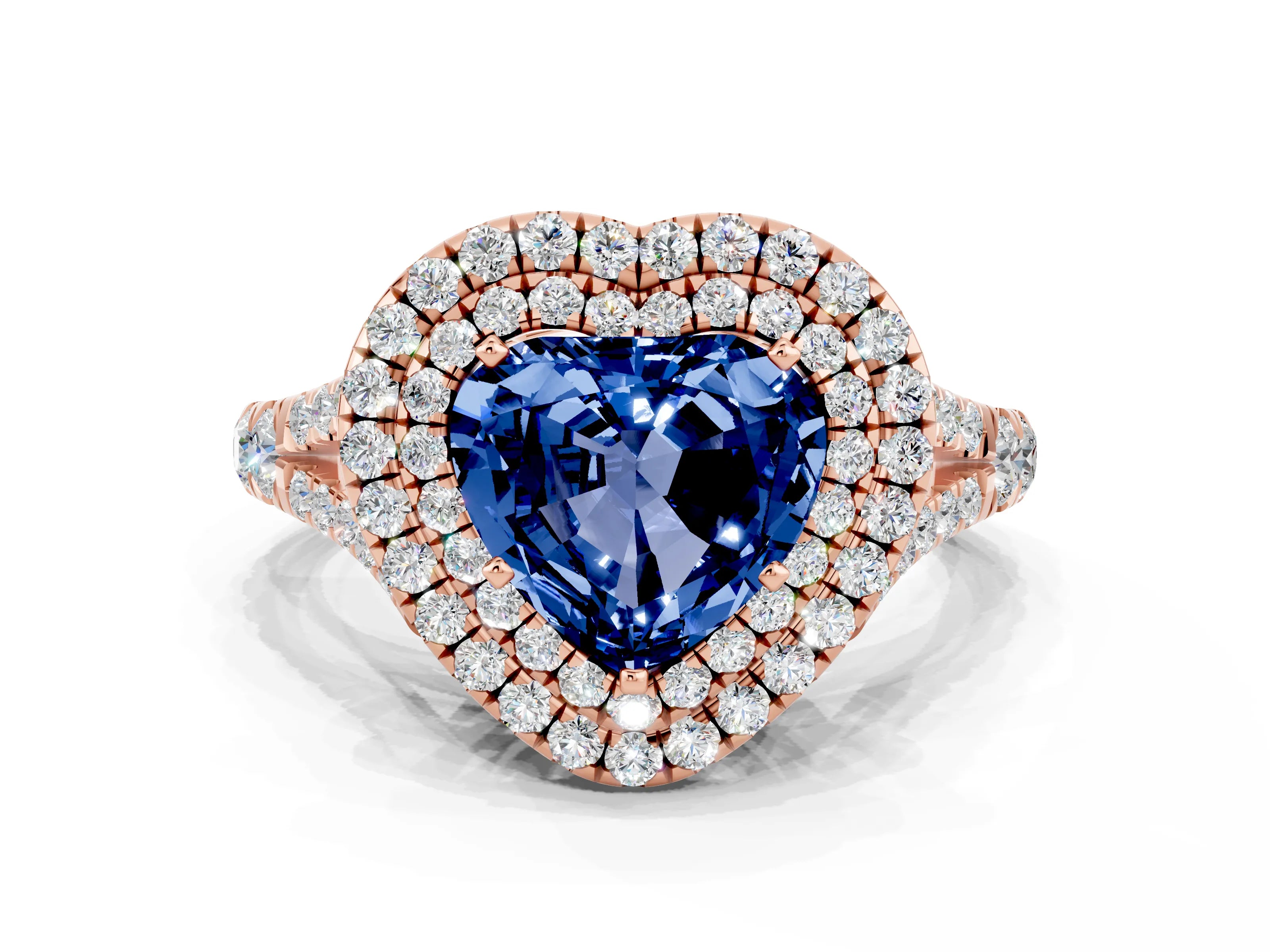 Rose gold Heart Cut Blue Sapphire Pavé Split Shank Double Halo Engagement Ring
