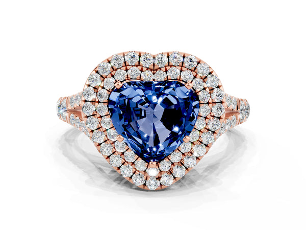 Rose gold Heart Cut Blue Sapphire Pavé Split Shank Double Halo Engagement Ring