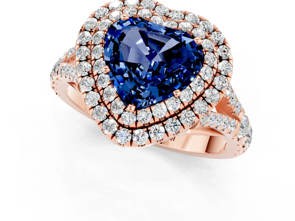 Rose gold Heart Cut Blue Sapphire Pavé Split Shank Double Halo Engagement Ring