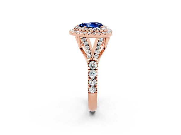 Rose gold Heart Cut Blue Sapphire Pavé Split Shank Double Halo Engagement Ring