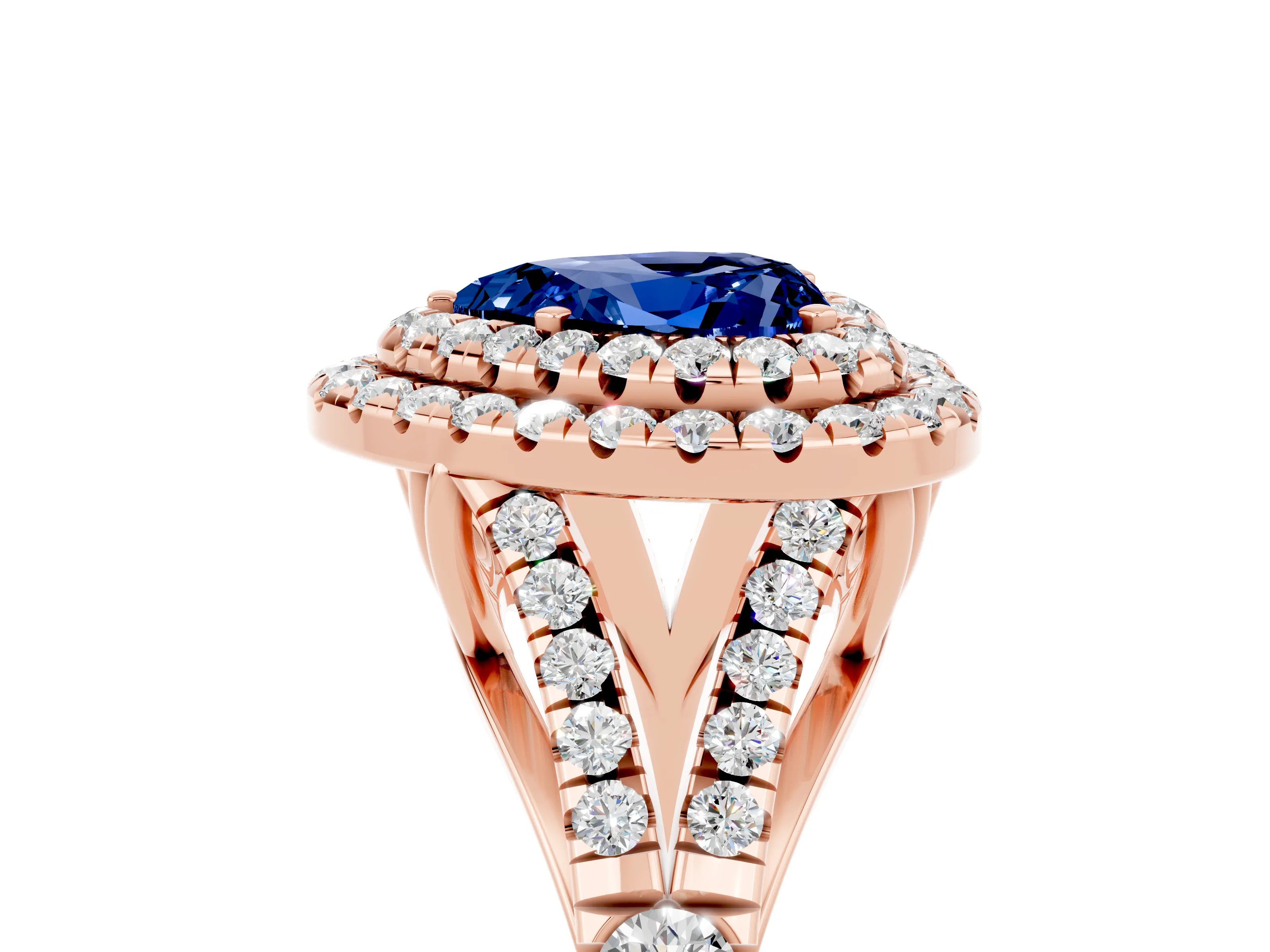 Rose gold Heart Cut Blue Sapphire Pavé Split Shank Double Halo Engagement Ring_5