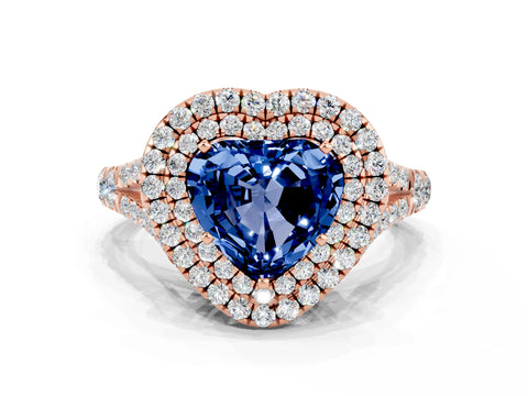 Rose gold Heart Cut Blue Sapphire Pavé Split Shank Double Halo Engagement Ring