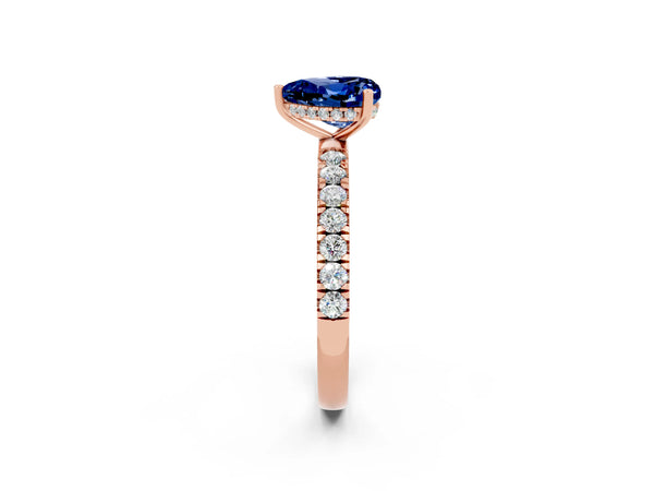 Rose gold Heart Cut Blue Sapphire Pave Band Solitaire Ring with Round  and Prong Setting