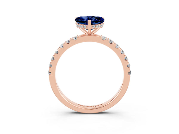 Rose gold Heart Cut Blue Sapphire Pave Band Solitaire Ring with Round  and Prong Setting