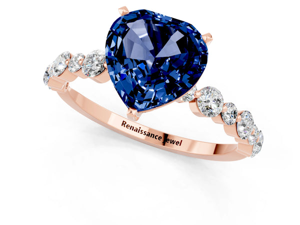 Rose gold Heart Cut Blue Sapphire Prong Set Engagement Ring with Pavé Band