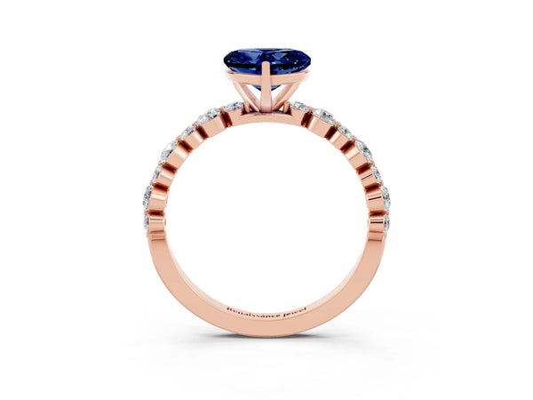 Rose gold Heart Cut Blue Sapphire Prong Set Engagement Ring with Pavé Band