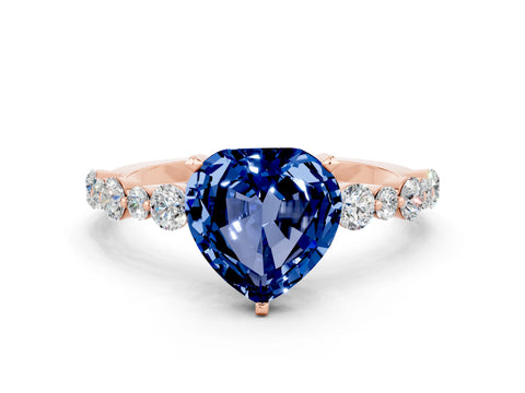 Rose gold Heart Cut Blue Sapphire Prong Set Engagement Ring with Pavé Band