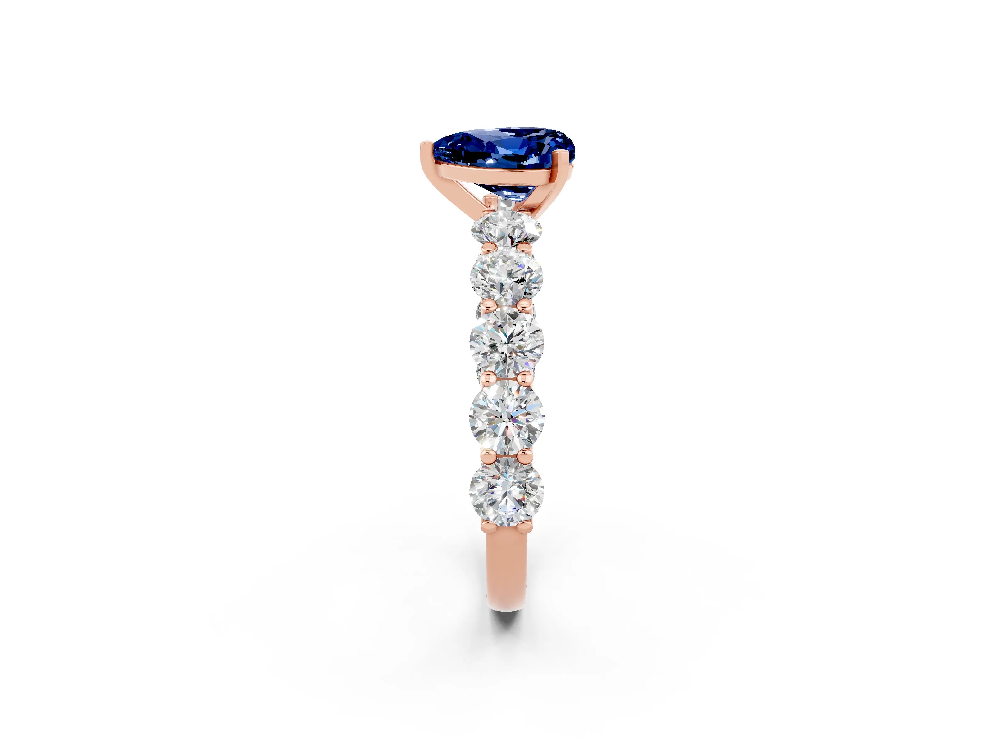 Rose gold Heart Cut Blue Sapphire Prong Setting with Side Stones on a Pave Band_2