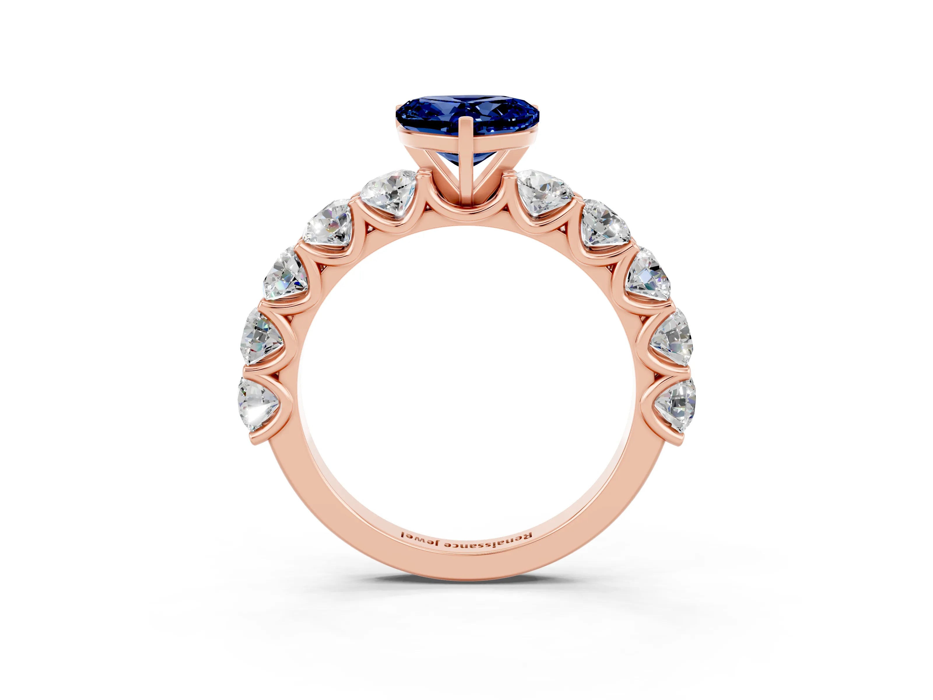 Rose gold Heart Cut Blue Sapphire Prong Setting with Side Stones on a Pave Band_3